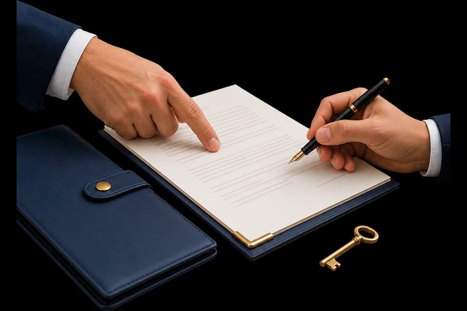 Duas pessoas analisando um contrato civil, com uma chave ao lado