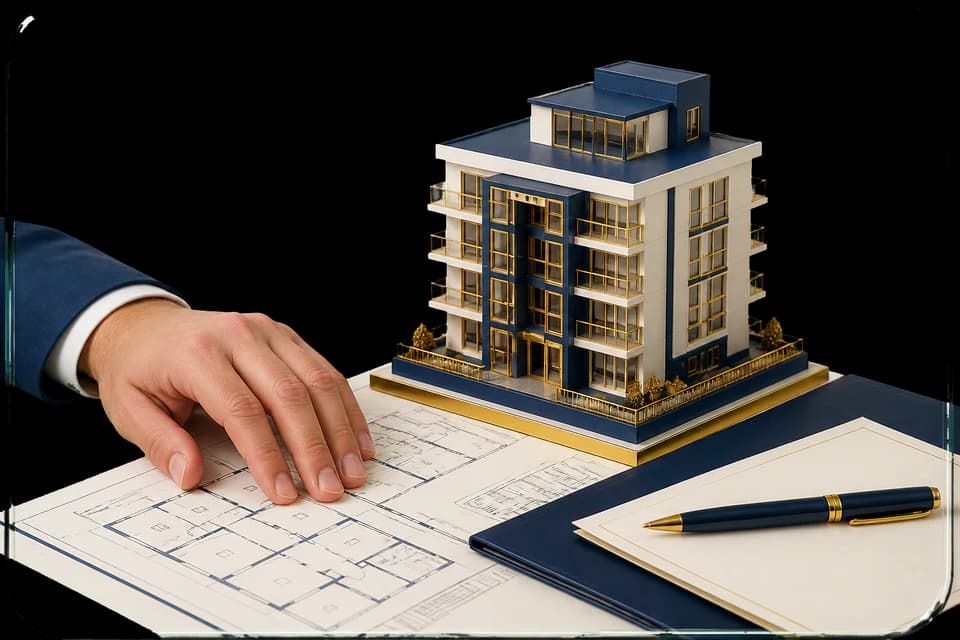 Maquete arquitetônica e documentos imobiliários em análise